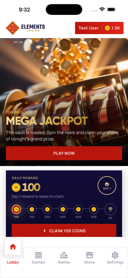 Elements Casino lobby with mega jackpot promo and daily reward