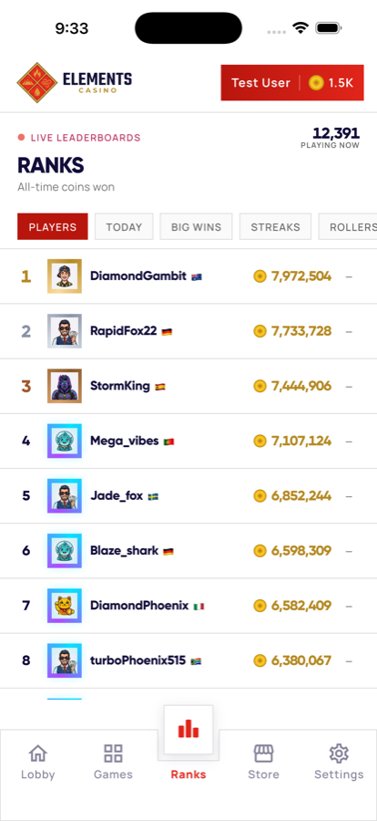 Elements Casino live leaderboard screen
